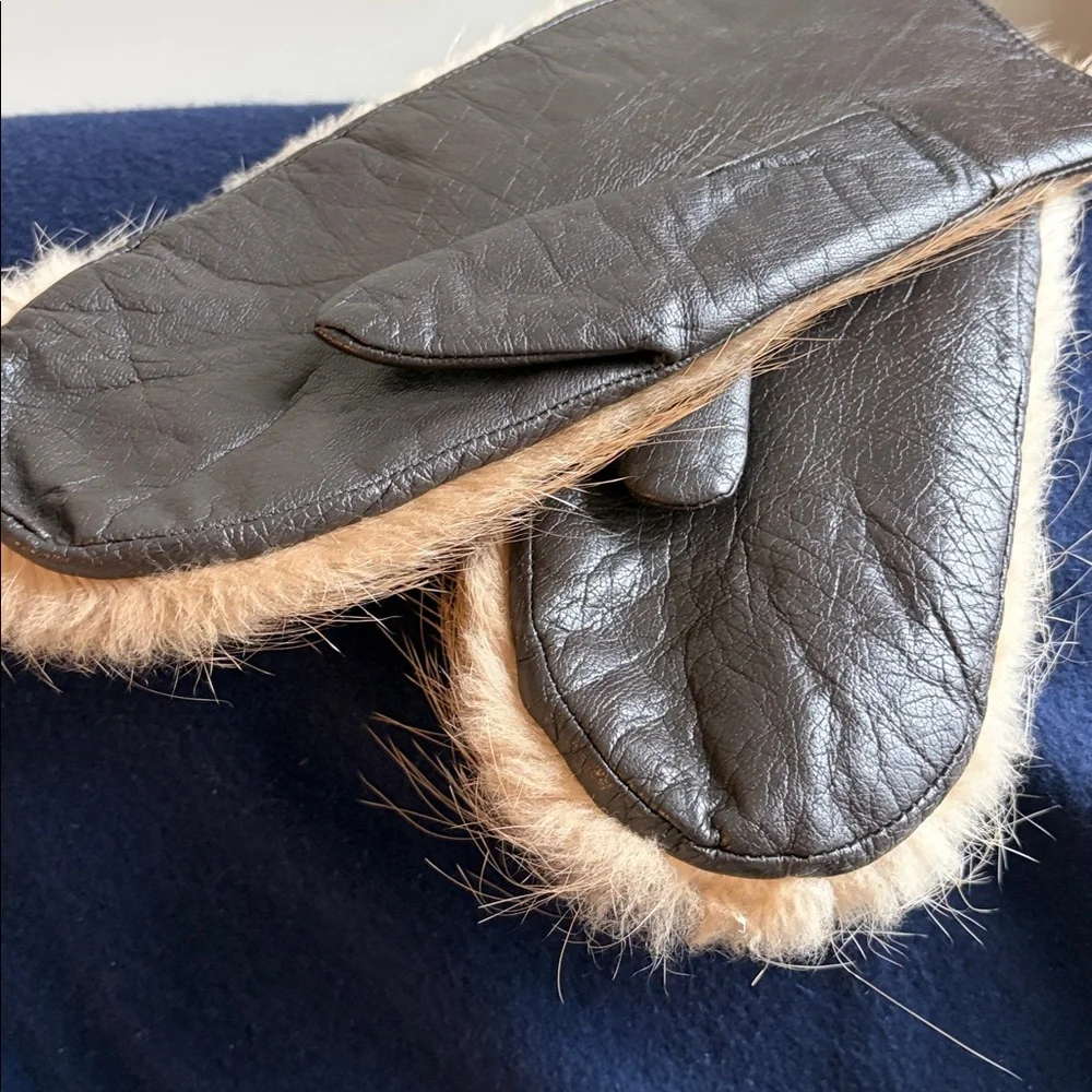 Brown Leather and Fur Mittens - Picture 3 of 4